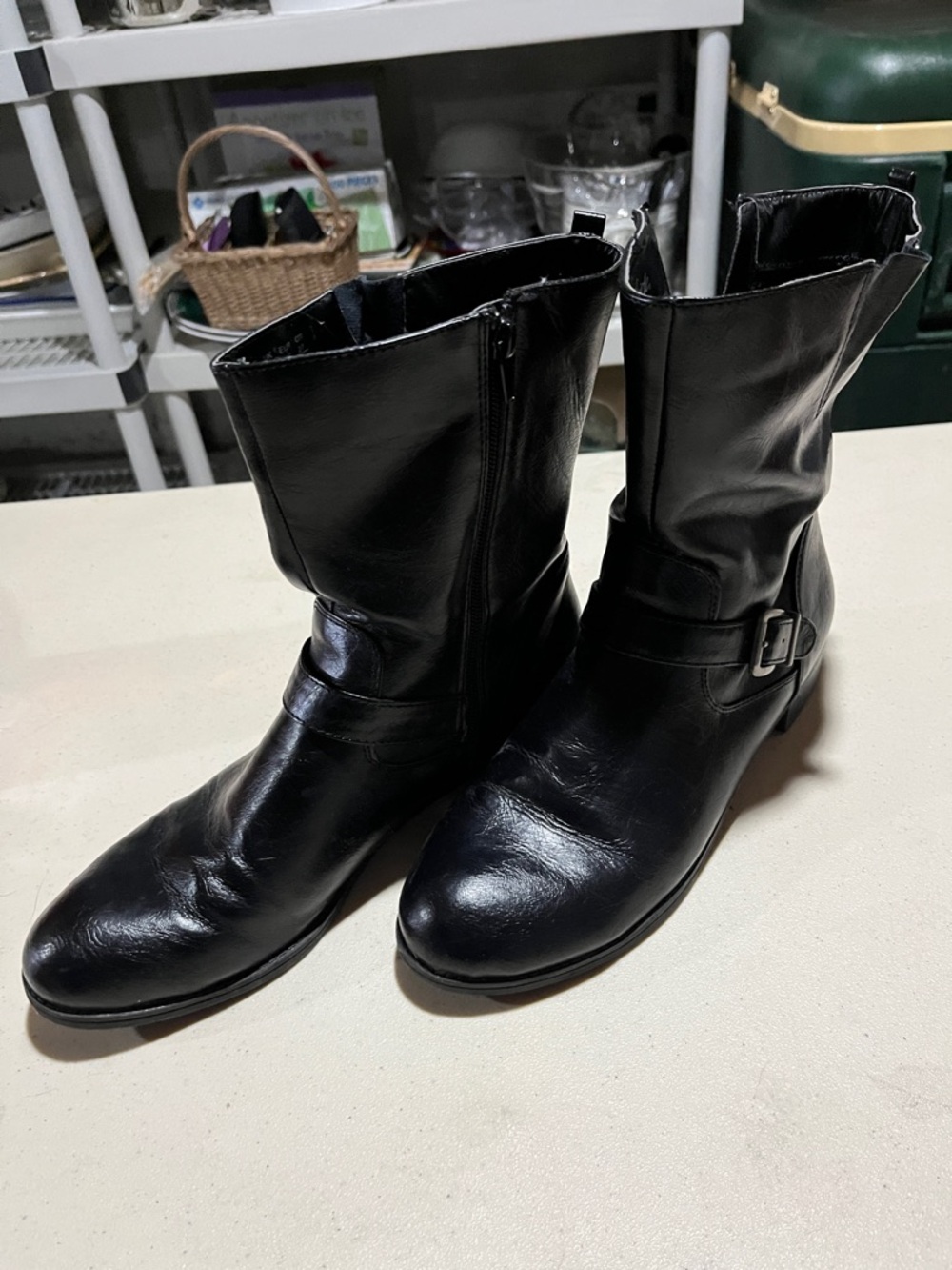Black Leather Mid-Calf Buckle Boots